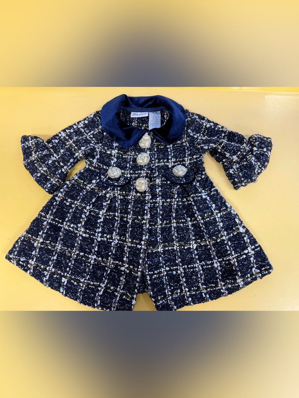Blueberi Boulevard 12M Navy Tweed Coat Dress Velvet Collar Pearl Gold Buttons